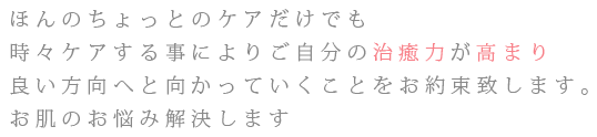 ほんのちょっとのケアだけでも時々ケアする事によりご自分の治癒力が高まり良い方向へと向かっていくことをお約束致します。お肌のお悩み解決します